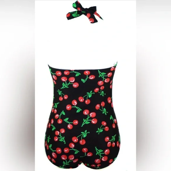 Retro 50s Inspired Cherry Print Black and Red Swimsuit Size 3XL - Picture 7 of 7